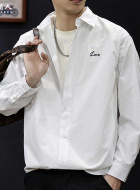 极简百搭白色长袖衬衫男士2026春季新款宽松大码休闲翻领衬衣外套