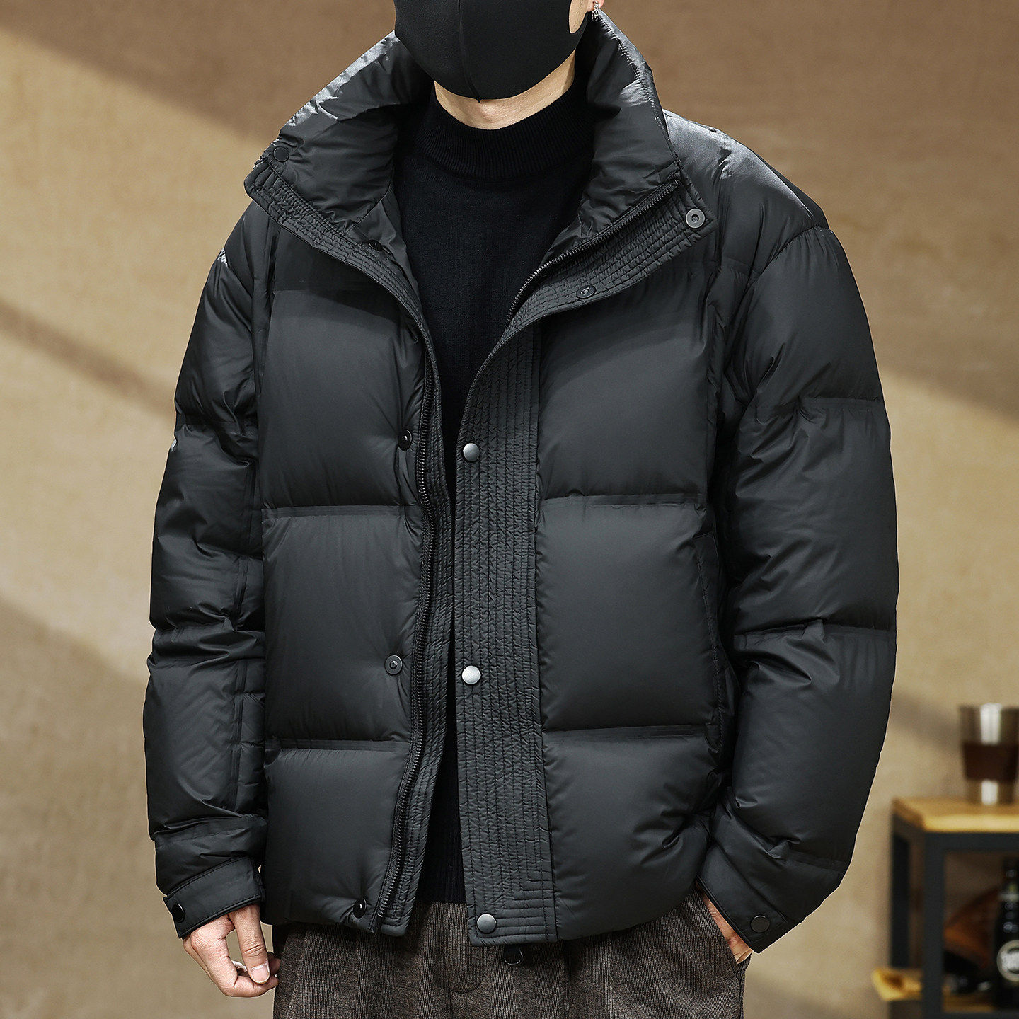 90白鸭绒立领蓬松面包羽绒服男士冬季御寒保暖宽松潮流面包服外套