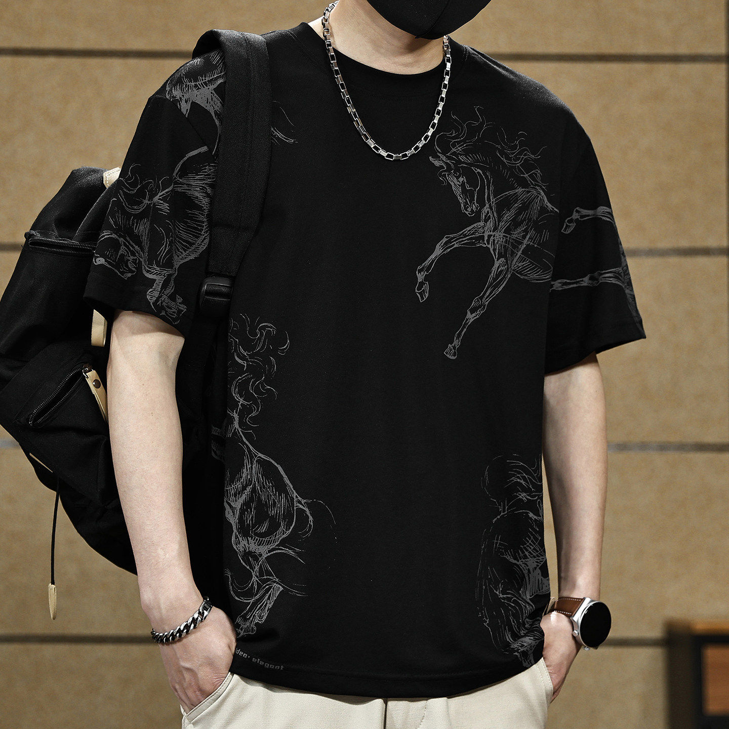 美式休闲马年印花薄款短袖T恤男士夏季新款宽松亚麻半袖上衣男款