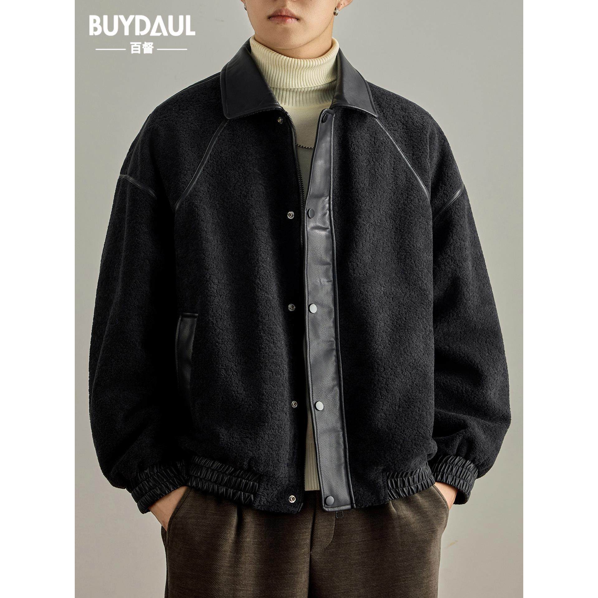 冬季新款宽松保暖90白鸭绒羽绒服男士加厚羊羔绒pu皮衣翻领外套