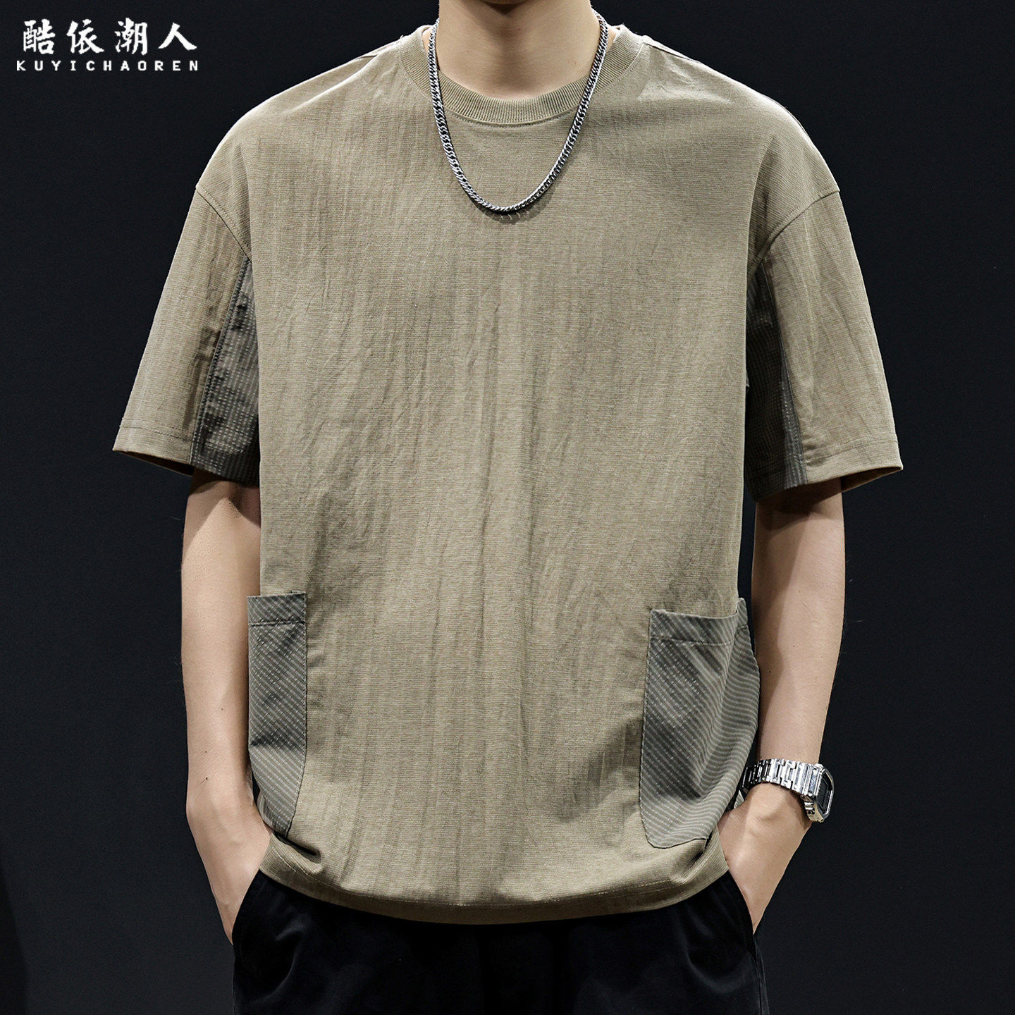 莱塞尔天丝亚麻肌理短袖T恤男新款工装轻薄速干潮牌衣服宽松大码