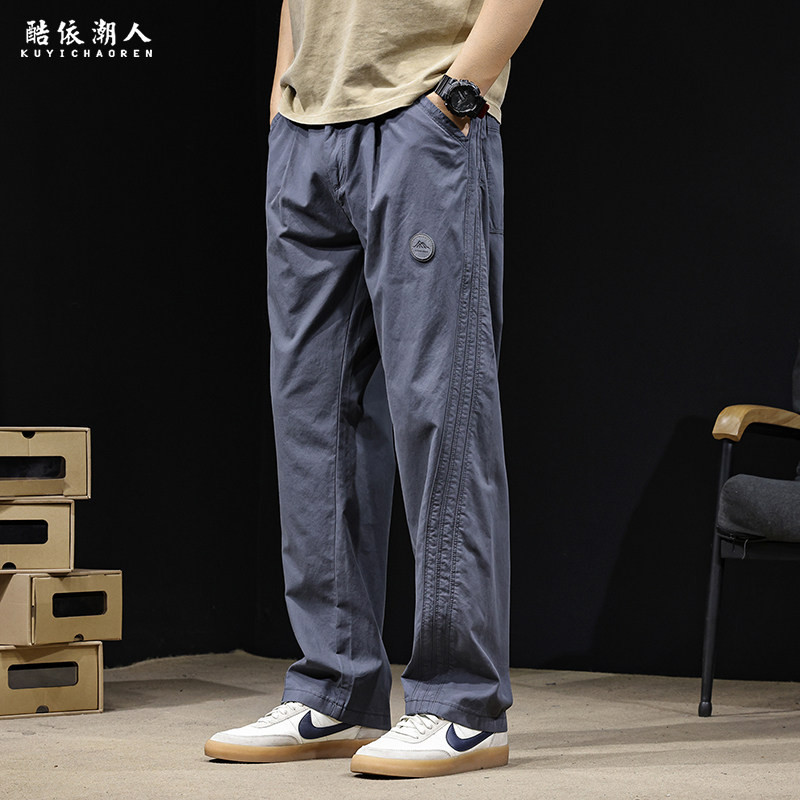 三条条纹裤子男士宽松大码直筒休闲裤男2026新款春秋纯棉薄款长裤