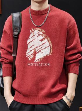 新年红色本命年百搭内搭印花毛衣男士2025新款圆领保暖针织衫秋冬