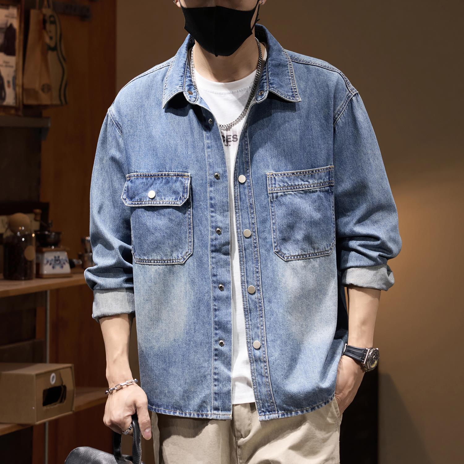 春季天丝莱赛尔长袖牛仔衬衫男美式复古水洗设计感口袋衬衣外套潮