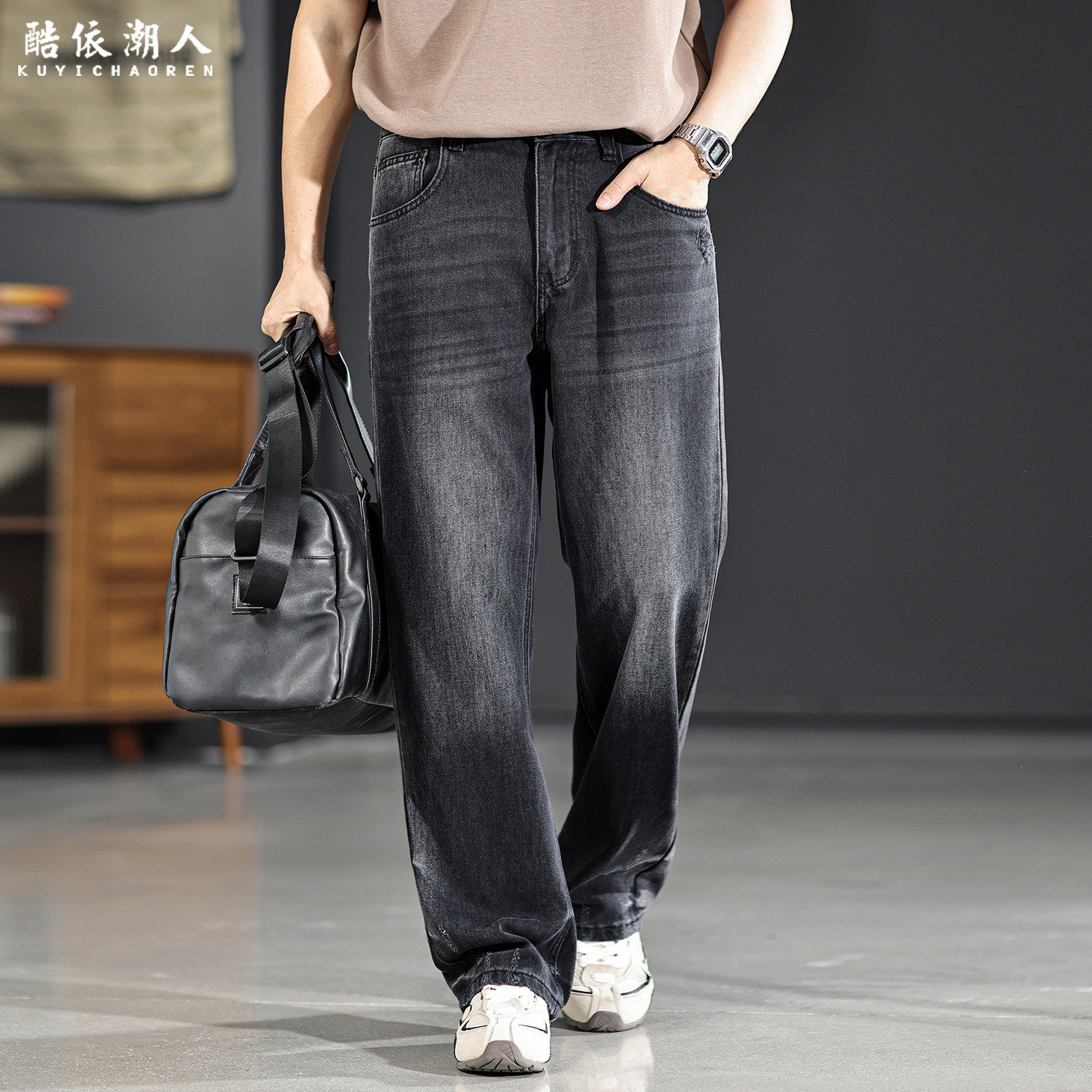 破洞潮牌黑色直筒牛仔裤男2026新款春季宽松大尺码阔腿长裤高端裤
