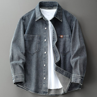 美式复古提花牛仔衬衫男女春秋重磅潮牌宽松休闲工装衬衣外套