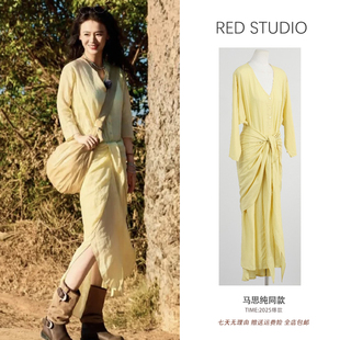 马思纯同款苎麻黄色长袖衬衫连衣裙收腰显瘦气质减龄过膝中长款裙