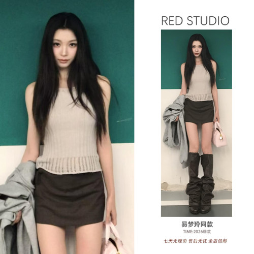 易梦玲同款镂空设计弹力修身针织吊带上衣女短款时尚减龄百搭背心
