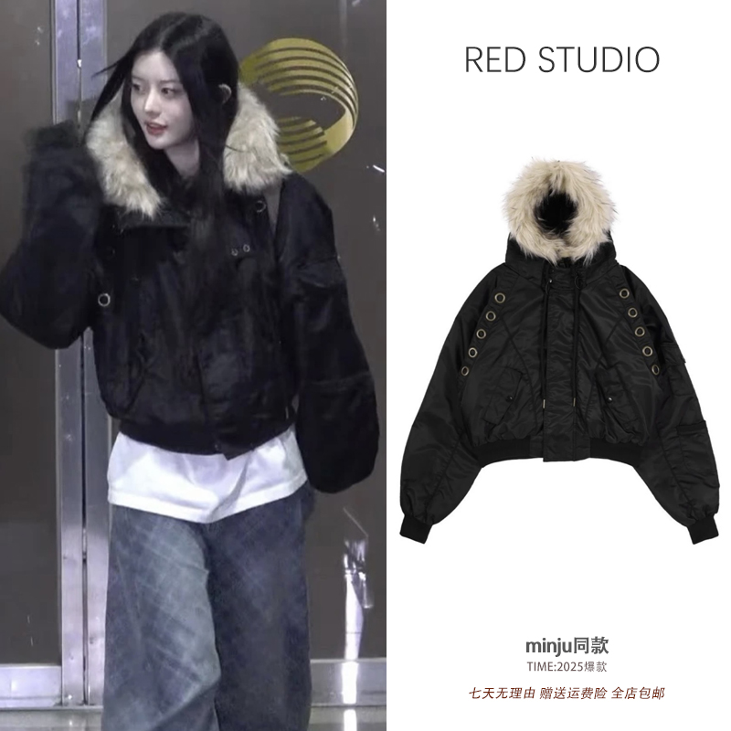 minju同款黑色连帽毛领夹克外套女短款宽松时尚设计感加厚派克服