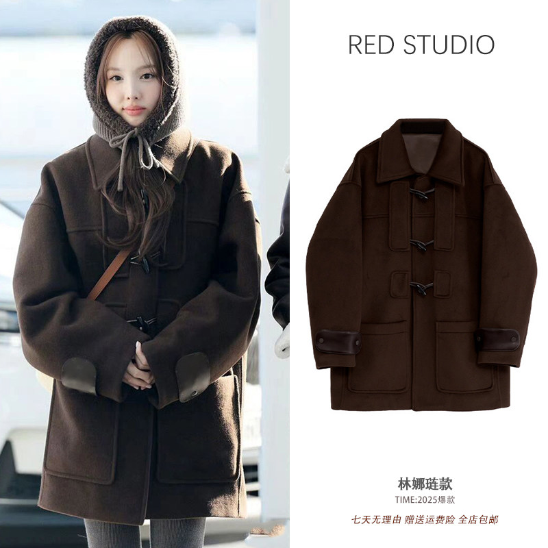 林娜琏同款牛角扣咖啡色毛呢外套女中长款轻奢高级感羊毛呢子大衣