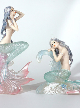 美人鱼摆件珊瑚海浪琉璃梦幻美人鱼家居装饰摆设 送礼车载工艺品