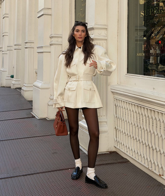 推荐自留！美国购elsahosk白色西装领短款外套短裙套装