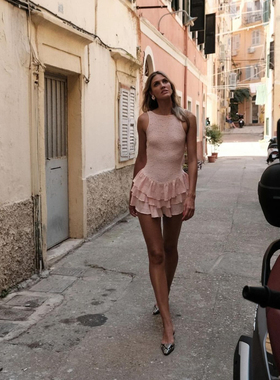 美国代购烟粉色背心领口滤空百褶裙背心迷你裙Ruff Mini