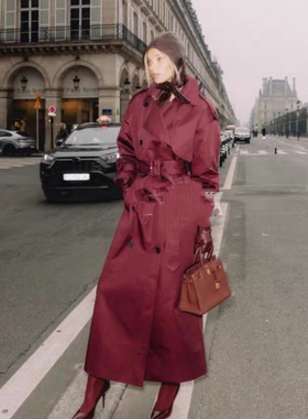 美国购elsahosk酒红色双排扣腰带收腰长款风衣外套女款
