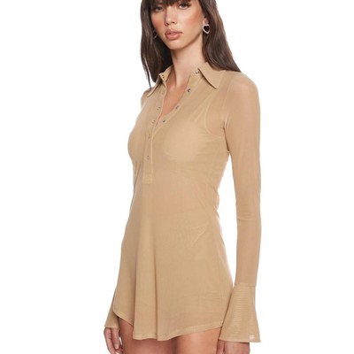 美国代购amda同款裸色黑色微透慵懒喇叭袖衬衫迷你裙