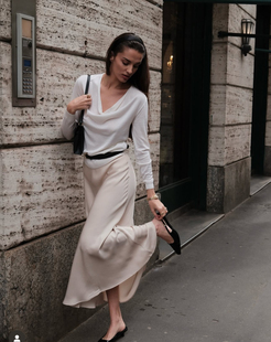 美国购买50山羊绒50silk真丝慵懒多种穿法荡领长袖 打底衫