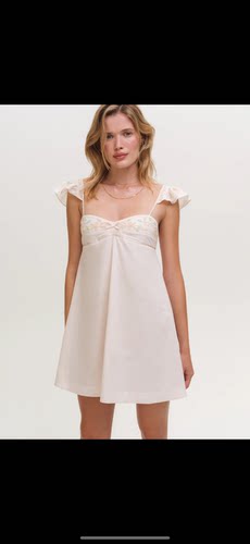 美国购买米白刺绣花边飞袖短裙slip dress