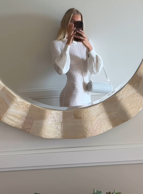 美国购elsahosk同款白色镂空收腰包臀灯笼袖长裙