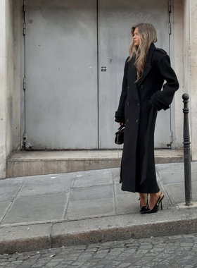 瑞典购han同款黑色纯羊毛宽松西装外套大衣Wool cpat