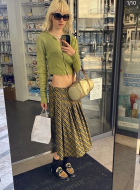 现s xs！Soosooyu美国代购guizio黄色格子学院风长款百褶裙半裙