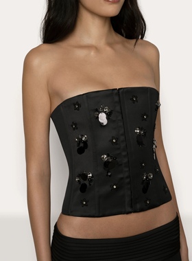 美国代购圣诞新款鱼骨束腰黑色亮片抹胸Stain Corset