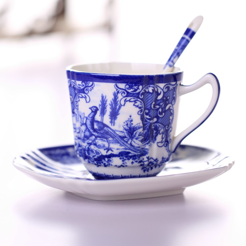 欧式陶瓷青花咖啡杯碟勺套装下午茶奶茶杯手绘蓝色釉中彩古典轻奢