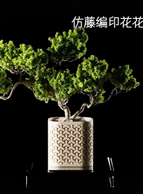 仿藤编印花花盆圆形家居装饰绿植简约创意艺术轻奢摆件盆栽花盆