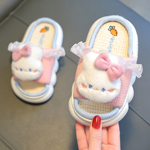 居家室内加厚底女孩女童凉拖鞋 女夏季 儿童hf 亚麻拖鞋 亲子2025新款