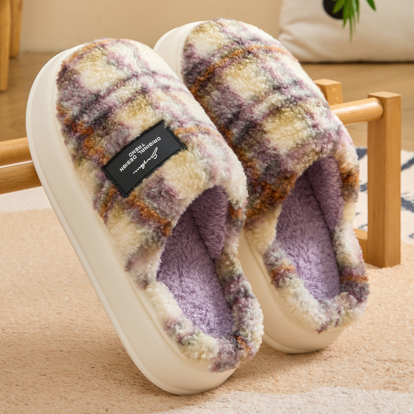 99%抗菌情侣毛绒格子棉拖鞋