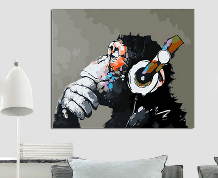 数字油画diy大猩猩戴耳机的猴子填色油画动物水彩画画装饰挂画