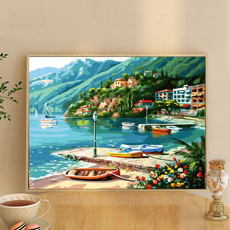 数字油画山水风景diy填充画简约现代房子填色手绘油彩画客厅挂画