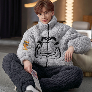 睡衣男大童冬季珊瑚绒三层夹棉袄青少年加厚加绒保暖初中生家居服