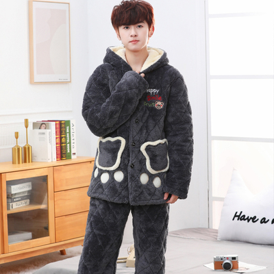 男大童睡衣冬季加绒加厚三层夹棉
