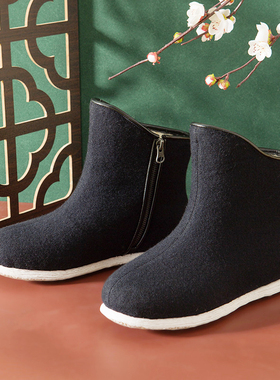 内联升布鞋男女情侣手工千层底高帮棉鞋拉锁呢子高靴8168A/8683A