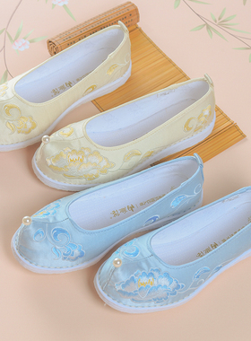 内联升布鞋女新款手工千层底女鞋复古翘头汉服鞋传统绣花鞋8667A