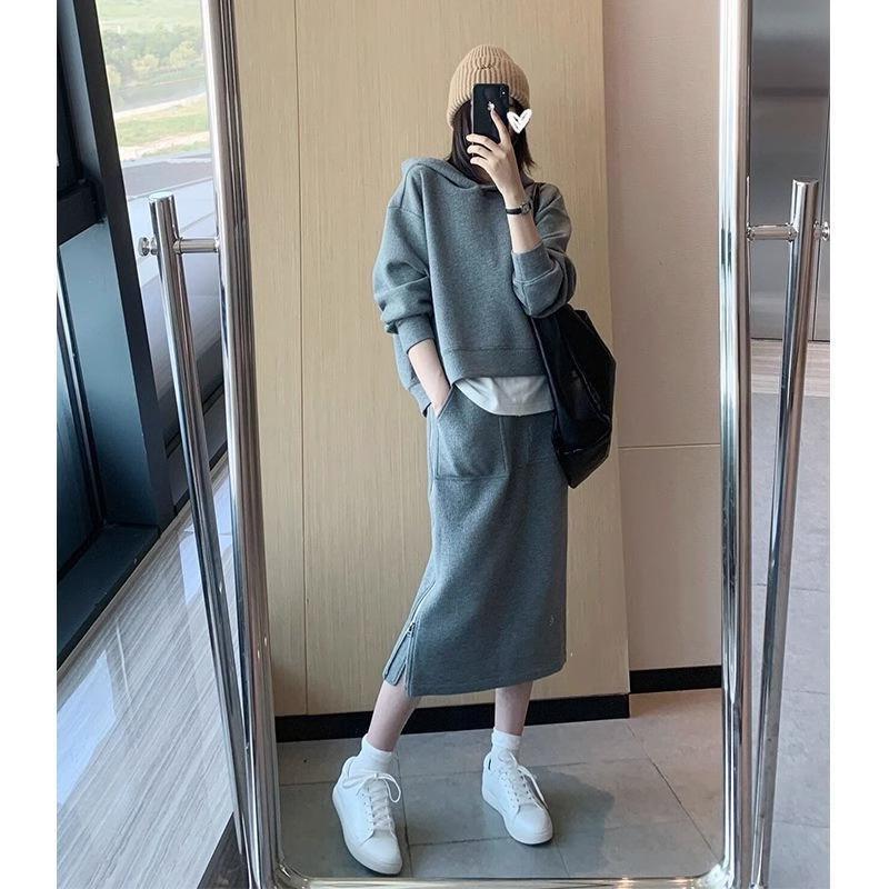 东大门大码女装早秋休闲时尚两件套连帽卫衣半身裙套装胖mm200斤