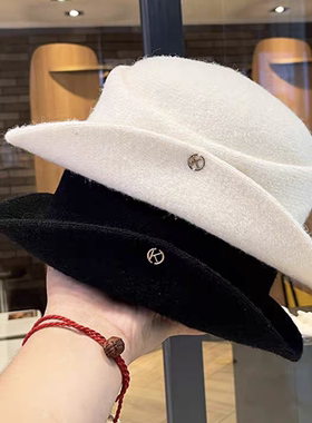 法式赫本风优雅黑色礼帽女秋冬复古显脸小卷边千金毛呢帽子渔夫帽