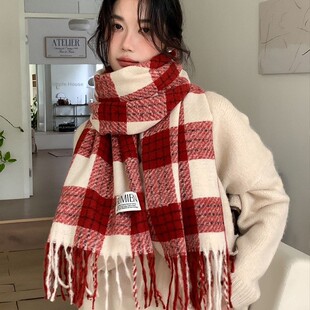 圣诞新年红色格子围巾女秋冬保暖氛围感韩版百搭披肩学生2025新款