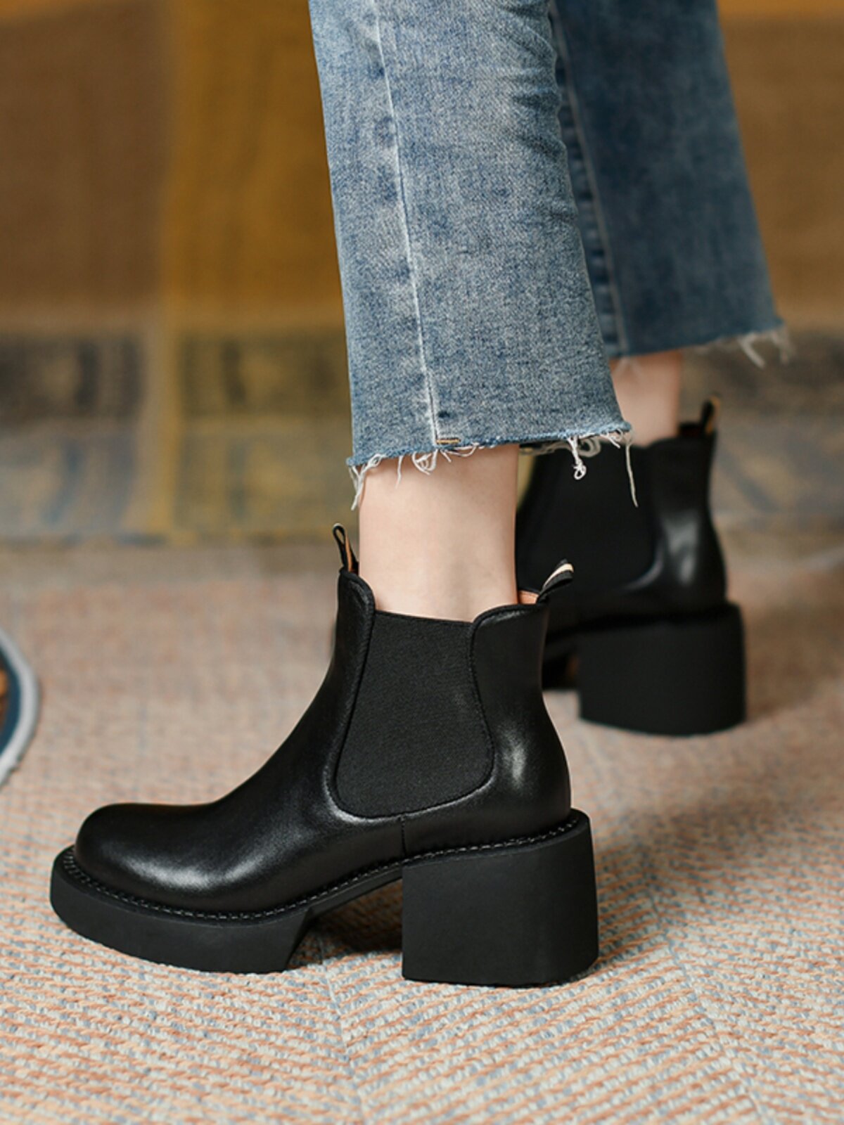 SMALL AUTUMN AND WINTER BOOTS WOMENS SHORT LEATHER PURE LEATHER HIGH HEEL PLATFORM SOLES CHELSEA BOOTS FLATFORM SOLE BOOTIES SINGLE BOOTS