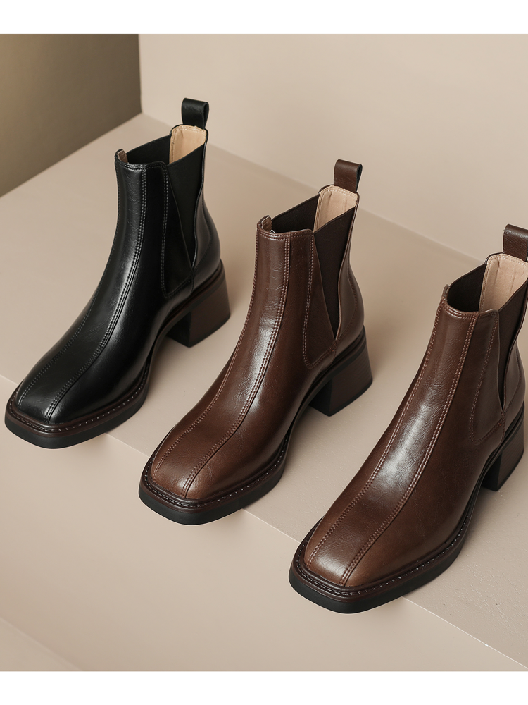 2024 NEW BRITISH STYLE HIGH HEEL BLOCK HEEL SQUARE TOE PLATFORM CHELSEA BOOTS MEDIUM HEEL BOOTS WOMENS BROWN SLEEVE 6CM