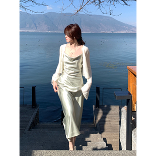 Even一雯【鎏光半夏】韩系高智浮光缎面高级感连衣裙荡领精致长裙