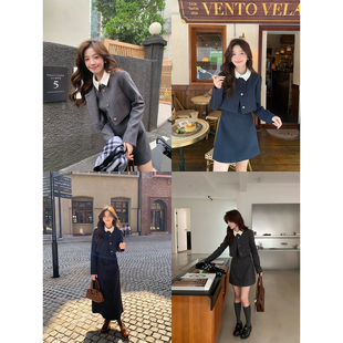 Even一雯 韩系高智感秋冬精致假两件收腰小个子连衣裙 智性韩女