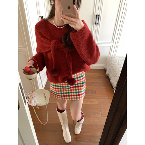 Even一雯【毛绒童话】韩系高智秋冬毛球披肩针织加厚圣诞氛围毛衣