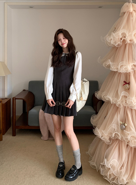 Even一雯【留洋千金】韩系高智秋冬精致甜美减龄假两件百褶连衣裙