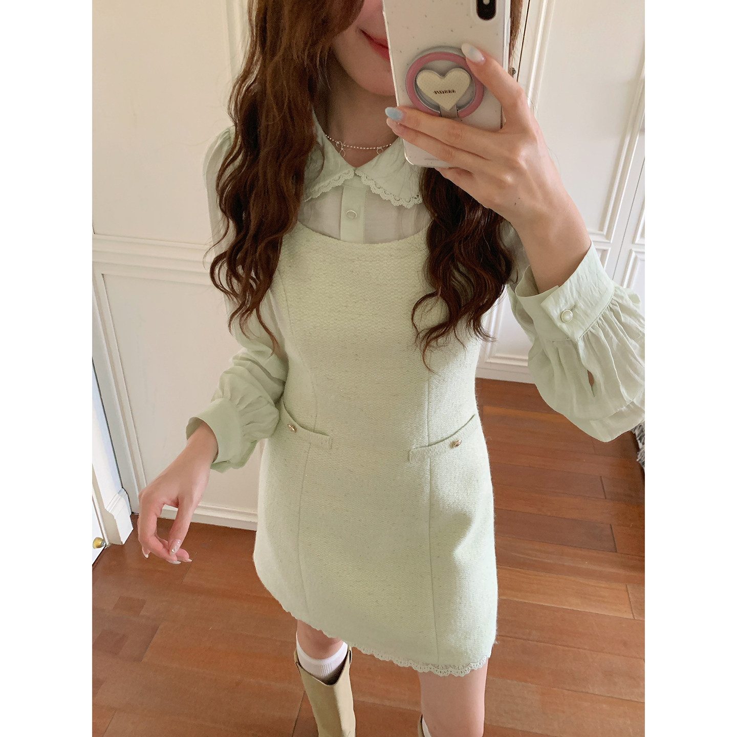 Even一雯【雨庭告白】韩系高智感小香风假两件连衣裙精致温柔短裙