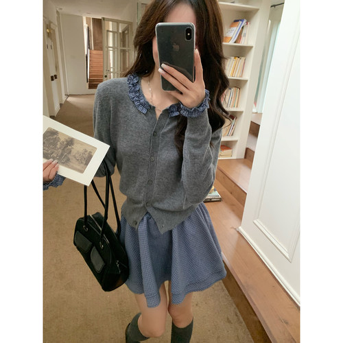 Even一雯【藤校优等生】韩系高智感miu系气质木耳边拼接针织毛衣