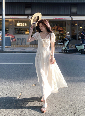 清仓Even一雯【白木明纱】韩系高智感杏色方领甜美收腰短袖连衣裙