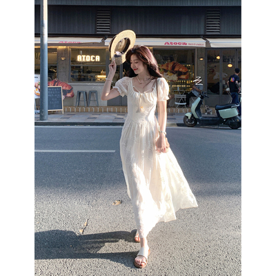 清仓Even一雯【白木明纱】韩系高智感杏色方领甜美收腰短袖连衣裙