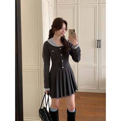 Even一雯【少女香气】韩系高智感秋冬法式精致撞色拼接百褶连衣裙