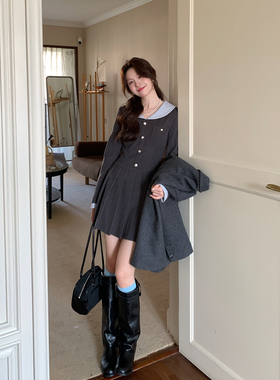 Even一雯【少女香气】韩系高智感秋冬法式精致撞色拼接百褶连衣裙